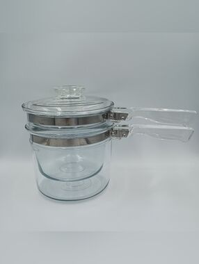 Vintage Pyrex Flameware Double Boiler With Lid 6283 3pc Clear Glass USA